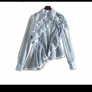Striped Shirt Women Ruffles Patchwork Hollow